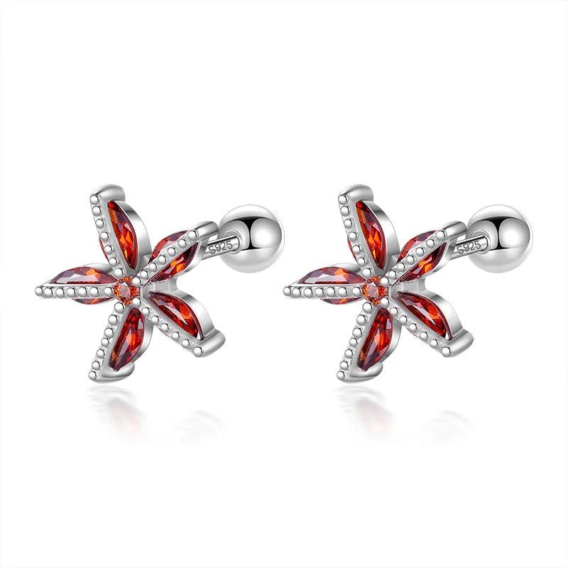 925 Sterling Silver Kids Earrings Red Zircon Flower Studs For Girls