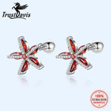 925 Sterling Silver Kids Earrings Red Zircon Flower Studs For Girls