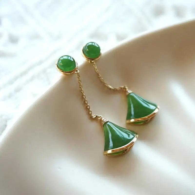 Green Hetian Chalcedony Fan Earrings, Silver Jewelry