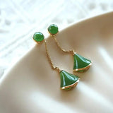 Green Hetian Chalcedony Fan Earrings, Silver Jewelry