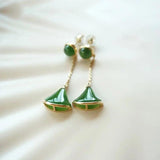 Green Hetian Chalcedony Fan Earrings, Silver Jewelry