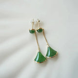 Green Hetian Chalcedony Fan Earrings, Silver Jewelry