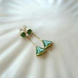 Green Hetian Chalcedony Fan Earrings, Silver Jewelry