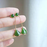 Green Hetian Chalcedony Fan Earrings, Silver Jewelry