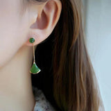 Green Hetian Chalcedony Fan Earrings, Silver Jewelry