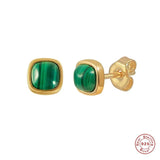 925 Silver Square Emerald Green Malachite Stud Earrings Minimalist Design