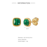 925 Silver Square Emerald Green Malachite Stud Earrings Minimalist Design