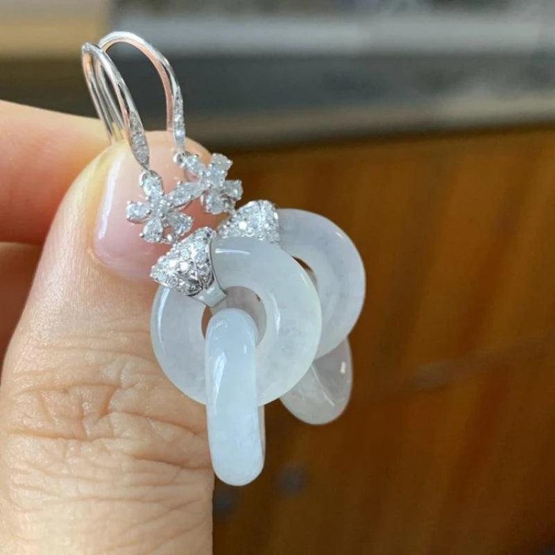 Chinese Wedding Silver Jewelry Hetian Jade Interlocking Earrings