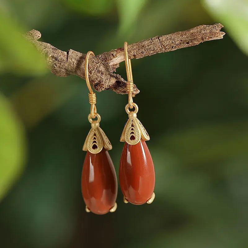 Southern Red Tourmaline Drop Earrings with Silver Inlay