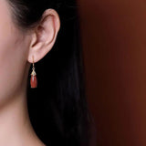 Southern Red Tourmaline Drop Earrings with Silver Inlay