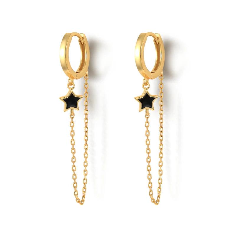 Sterling Silver Tassel Ear Hoop Earrings Cross Chain Piercing
