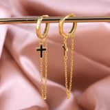 Sterling Silver Tassel Ear Hoop Earrings Cross Chain Piercing