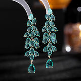 Green CZ Leaf Earrings Long Dangle Drop Female Wedding Jewelry