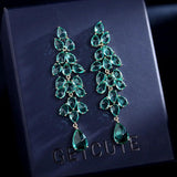 Green CZ Leaf Earrings Long Dangle Drop Female Wedding Jewelry