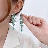 Green CZ Leaf Earrings Long Dangle Drop Female Wedding Jewelry