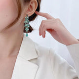 Green CZ Leaf Earrings Long Dangle Drop Female Wedding Jewelry