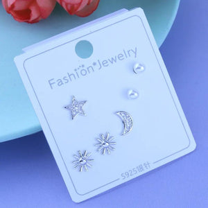 925 Silver Crystal Charm Stud Earring Sets 3pair/Set