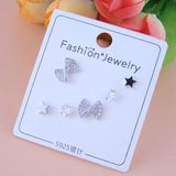 925 Silver Crystal Charm Stud Earring Sets 3pair/Set