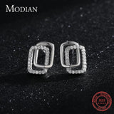 925 Silver Double Geometric Stud Earrings Clear CZ Fine Jewelry