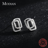 925 Silver Double Geometric Stud Earrings Clear CZ Fine Jewelry