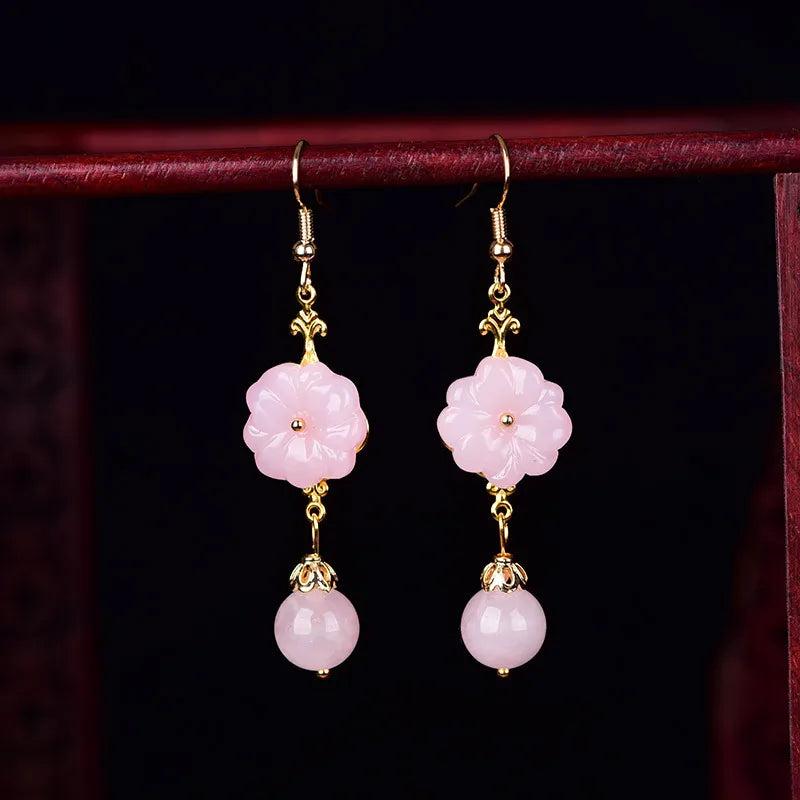 Pink Jade Flower Earrings 925 Silver Chinese Charm Jewelry
