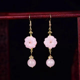 Pink Jade Flower Earrings 925 Silver Chinese Charm Jewelry