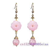 Pink Jade Flower Earrings 925 Silver Chinese Charm Jewelry