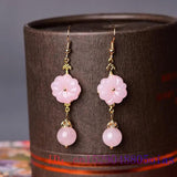 Pink Jade Flower Earrings 925 Silver Chinese Charm Jewelry