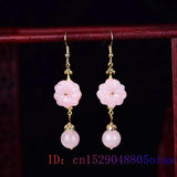 Pink Jade Flower Earrings 925 Silver Chinese Charm Jewelry