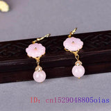 Pink Jade Flower Earrings 925 Silver Chinese Charm Jewelry