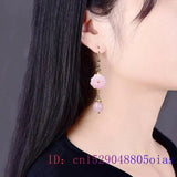 Pink Jade Flower Earrings 925 Silver Chinese Charm Jewelry