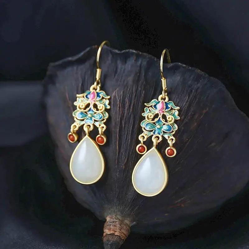 Colorful Enamel Porcelain Drop Earrings, Hetian Jade, Retro Charm Silver Jewelry