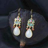 Colorful Enamel Porcelain Drop Earrings, Hetian Jade, Retro Charm Silver Jewelry