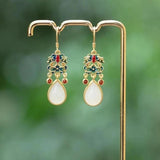 Colorful Enamel Porcelain Drop Earrings, Hetian Jade, Retro Charm Silver Jewelry