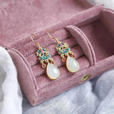 Colorful Enamel Porcelain Drop Earrings, Hetian Jade, Retro Charm Silver Jewelry