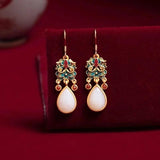 Colorful Enamel Porcelain Drop Earrings, Hetian Jade, Retro Charm Silver Jewelry