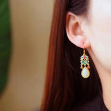 Colorful Enamel Porcelain Drop Earrings, Hetian Jade, Retro Charm Silver Jewelry
