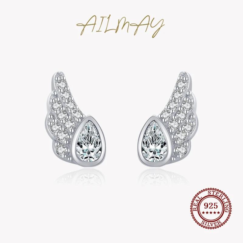 925 Silver Angel Wings Zircon Stud Earrings Wedding Jewelry