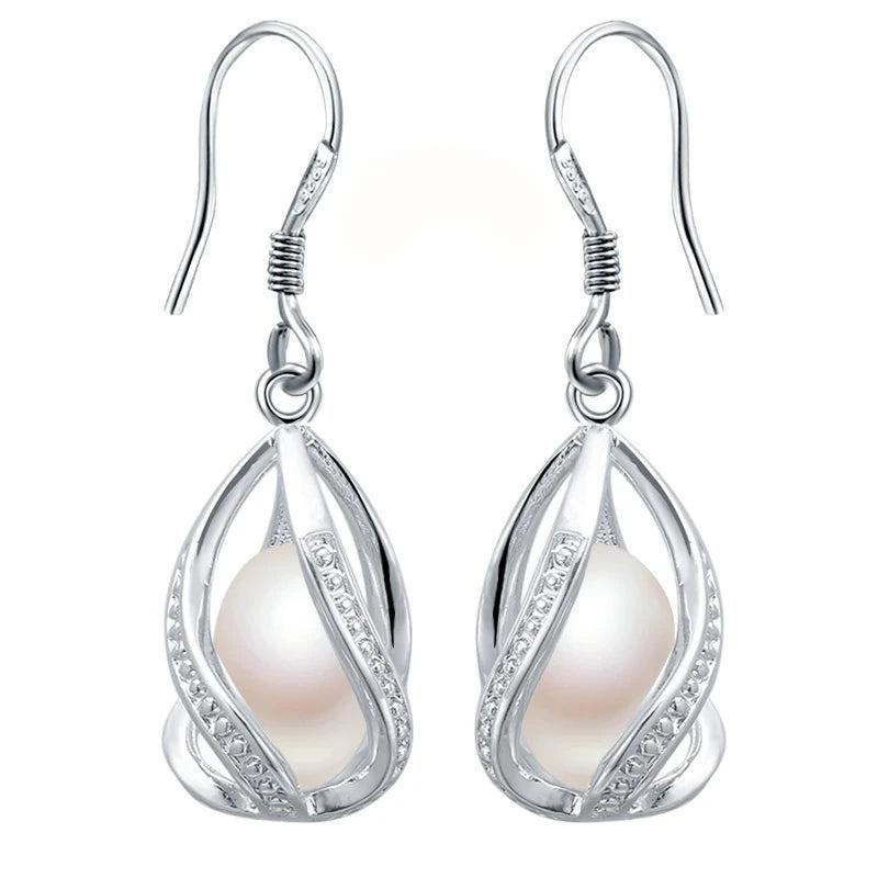Freshwater Pearl Drop Earrings 925 Sterling Silver Anti Allergy DIY Cage Jewelry