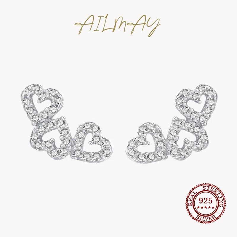 925 Silver Heart Stud Earrings Clear CZ Wedding Jewelry