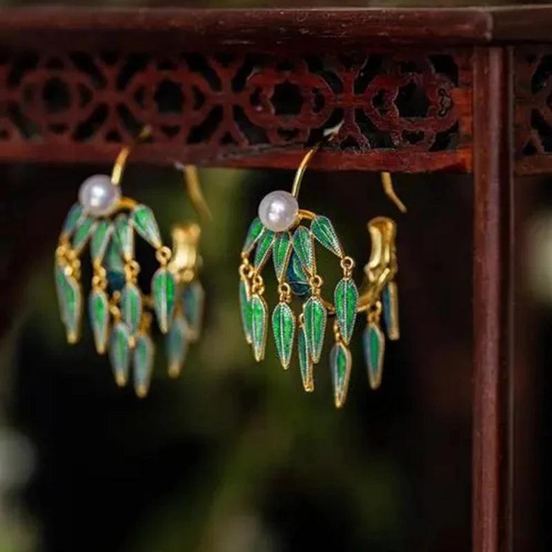 Enamel Porcelain Bamboo Knot Tassel Earrings Retro Fairy Silver Jewelry