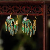 Enamel Porcelain Bamboo Knot Tassel Earrings Retro Fairy Silver Jewelry