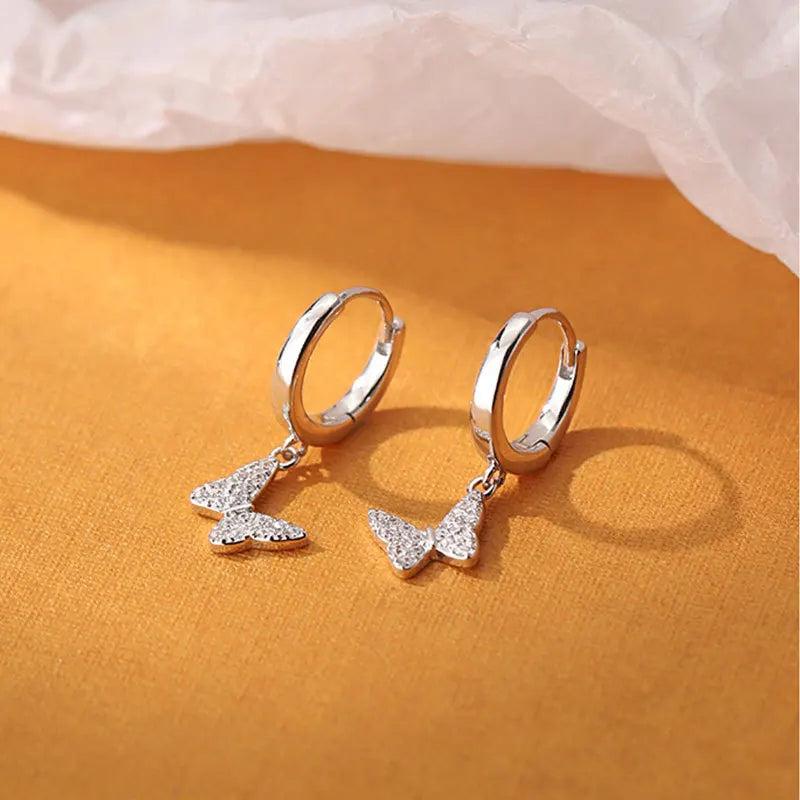 925 Silver Butterfly Earrings Women Crystal Sparkling Nightclub Party Jewelry