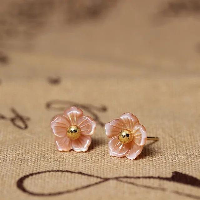 925 Silver Peach Flower Shell Carvings Stud Earrings Women Gift