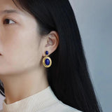 Lapis Lazuli Oval Hollow Earrings Punk Retro Women's Jewelry