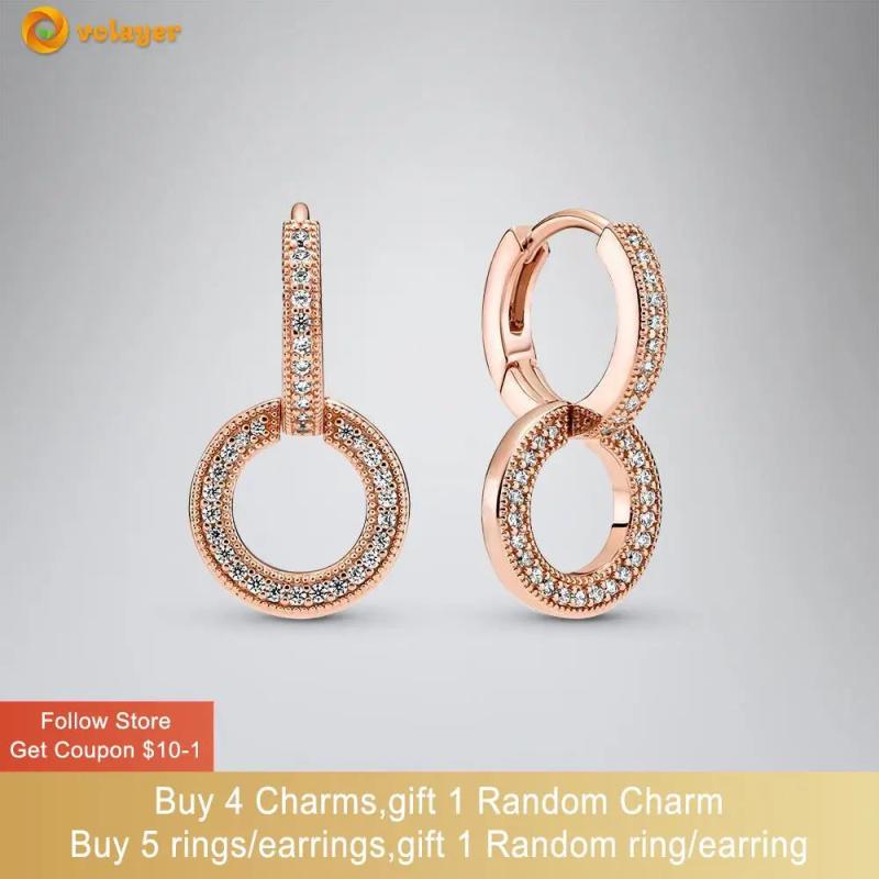 925 Silver Rose Double Hoop Earrings CZ Statement Studs Women