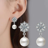 925 Silver Snowflake Pearl Stud Earrings Girl Jewelry Christmas