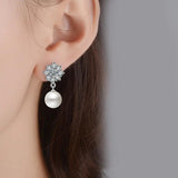 925 Silver Snowflake Pearl Stud Earrings Girl Jewelry Christmas