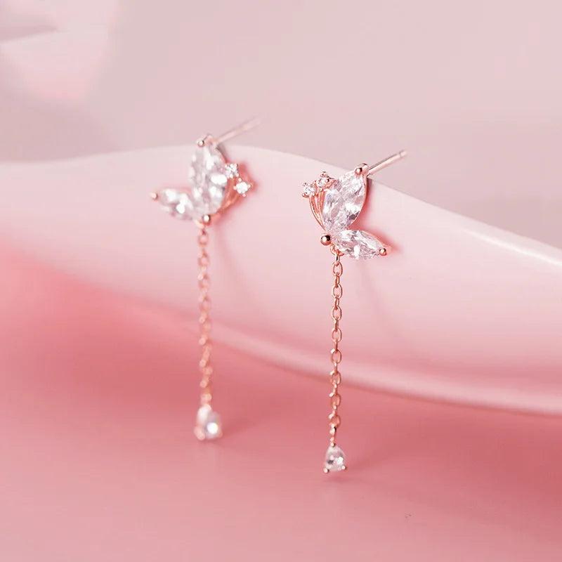 925 Silver Zircon Butterfly Tassel Drop Earrings Women Party Jewelry