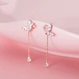 925 Silver Zircon Butterfly Tassel Drop Earrings Women Party Jewelry